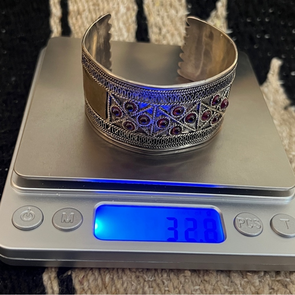 ❤️ Old Pawn Ethnic 12 Gemstone 925 Cuff 32.2 Gm Decorative Scroll Motifs - Picture 12 of 15